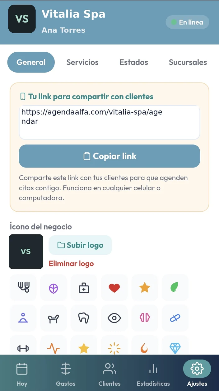 Pantalla de ajustes de Agenda Alfa con el enlace público para compartir con clientes